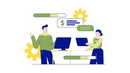 Two colleagues working together on a project. Suitable for teamwork, collaboration, office, business, creativity, communication, and partnership concepts.