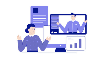 Virtual meeting with charts and documents for digital presentations or online collaboration on business strategies and data analysis. Suitable for virtual meetings and webinars.