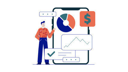 Man displaying financial data on smartphone, suitable for business presentations, financial reports, digital technology concepts, and mobile banking advertisements.
