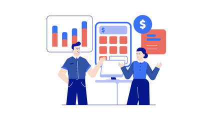 Two people analyzing financial charts and data. Suitable for business, finance, teamwork, strategy, and brainstorming concepts in presentations and articles.