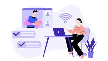 Illustration of a woman video conferencing with a man online; ideal for technology, communication, remote work, and online meetings concepts. Online interactions during work from home trend.