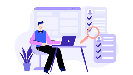 Man using magnifying glass to review online applications, suitable for HR recruitment, job search, hiring process concepts illustrations.