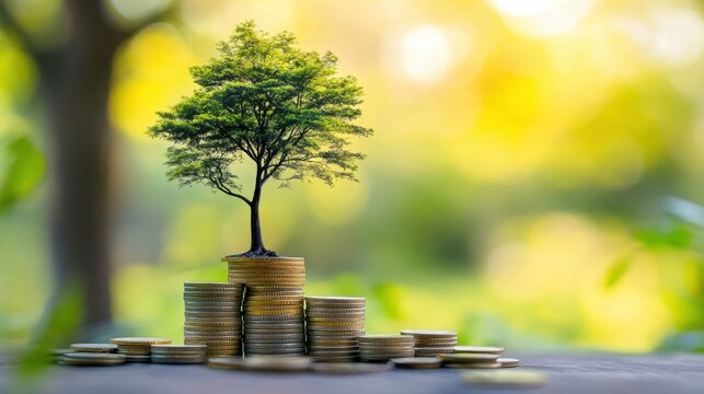 A conceptual image of a tree growing from a stack of coins, symbolizing an endowment fund, blurred background of a nature park, high resolution, No blur on tree and coins 