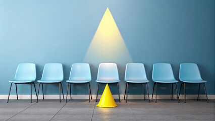 Best Job Candidate Concept with Yellow Chair Standing Out from Identical Seats – Business Recruitment and Opportunity – 3D Render, Generative AI