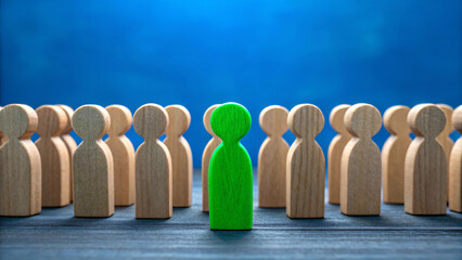 Best Job Candidate Concept with Green Businessman Leading Wooden Crowd – Leadership, Teamwork, and HR Management, Generative AI