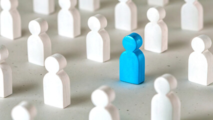 Best Job Candidate Concept with Blue Businessman Leading Wooden Crowd – Leadership, Teamwork, and HR Management – 3D Render, Generative AI