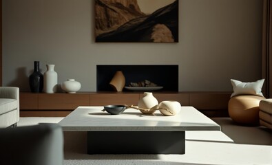A sleek travertine coffee table its natural surface adorned with organic elements exuded a sophisticated aura against a neutral backdrop Sculptural ceramic pieces and a reflective metal accent added a