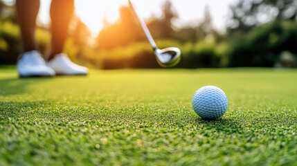 Close up of black young woman playing golf on green grass and hitting ball with club aiming for perfect shot
