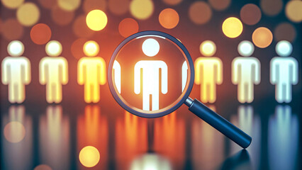 Best Job Candidate Under Magnifying Glass Among Staff Icons – Human Resource Management, Leadership, Recruitment, and Customer Target Concept, Generative AI