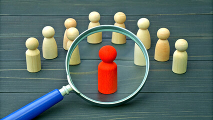 Best Job Candidate Highlighted Under Magnifying Glass – Hiring, Dismissal, and Talent Management with Wooden Figures, Generative AI