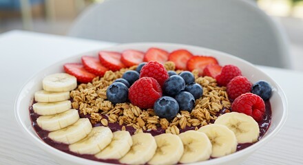Delightful Acai Bowl brimming with fresh strawberries, blueberries, raspberries, banana slices, and crunchy granola, a vibrant and healthy breakfast or snack.