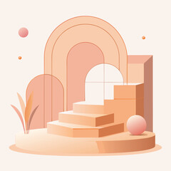 Minimal Abstract Peach Mockup Stage with Geometric Shapes, Linear Vector Illustration