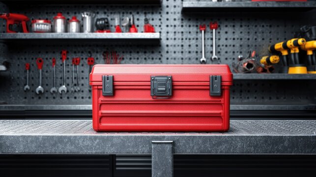 Classic toolbox on steel shelf in garage with tools arranged in background