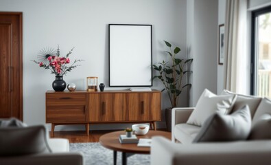 A meticulously curated living room boasting a mock-up poster frame a sleek wooden console and a vase of vibrant flowers A touch of personal flair is evident in decorative accents and thoughtfully chos