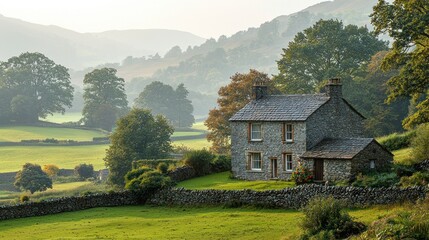 Rustic stone cottage nestled in a verdant valley