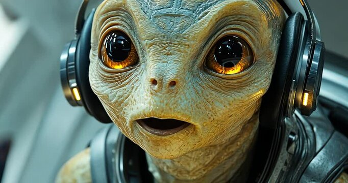 Close-up of an alien creature wearing headphones, set in a futuristic spaceship interior.