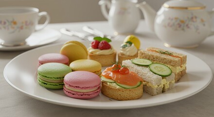 Obraz premium Delightful Afternoon Tea: A delectable spread of delicate sandwiches, colorful macarons, and miniature pastries awaits, promising a refined and elegant treat.