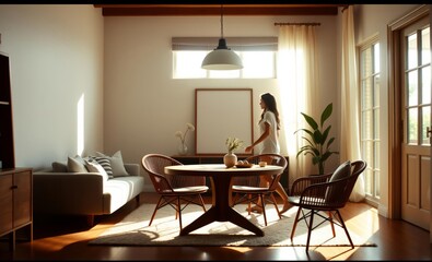 A sun-drenched living room where a minimalist design meets warmth and coziness A round table sits invitingly beneath the glow of a pendant light while rattan chairs surround it A mock-up poster frame 