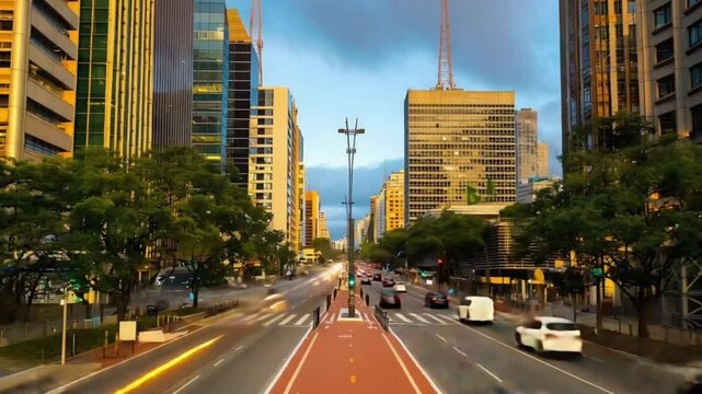Paulista Avenue, financial center of the city and one of the main places of Sao Paulo, Brazil. Aerial view in time lapse.