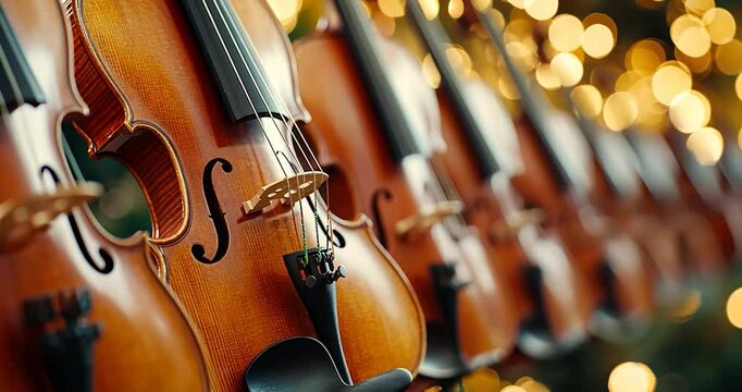 Close-up of multiple violins lined up, bokeh background.