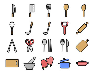 Kitchen icon set. Line outline color style