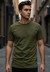 Fototapeta premium Stylish Young Man Wearing Olive Green T-shirt Urban Street Fashion