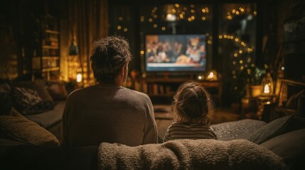 Cozy evening indoors: caucasian adult female and young child watching tv together