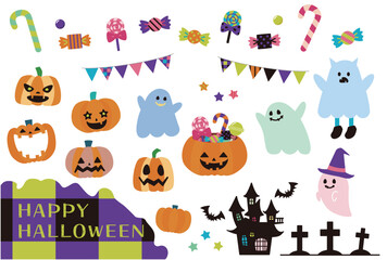 Fototapeta premium かわいいハロウィンのイラストセット ジャックオランタン 幽霊 お菓子