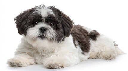 A Shih Tzu laying down, looking directly at the viewer