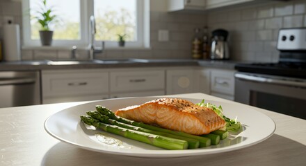 Sunlit Kitchen Counter Showcases a Delicious Plate of Pan-Seared Salmon with Fresh Asparagus, a Culinary Delight Ready to Be Enjoyed.
