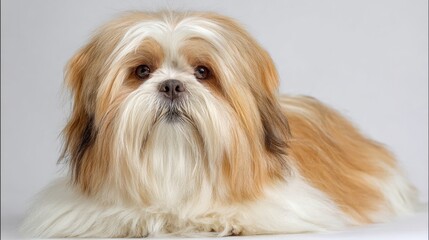 Fluffy dog, light brown and white,  lying down