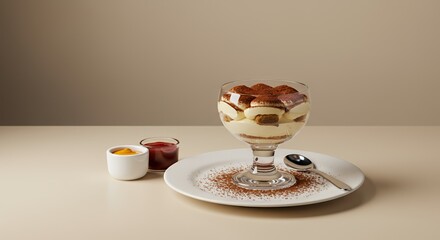 Indulge in the Exquisite Layers of this Classic Tiramisu, Served in a Stylish Glass with a Sprinkle of Cocoa Powder.