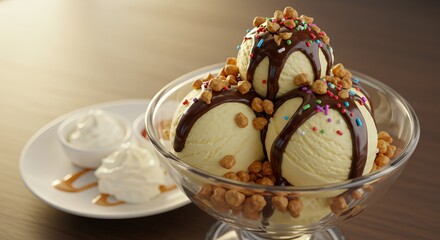 Indulge in this decadent dessert: three scoops of creamy vanilla ice cream, drenched in rich chocolate sauce, topped with crunchy peanut butter clusters and vibrant sprinkles