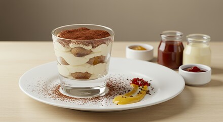Indulge in the Decadent Delight of a Perfectly Crafted Tiramisu, Served with a Trio of Sauces and a Sprinkle of Cocoa.