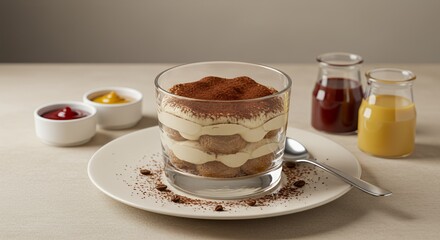 Indulge in Decadence: A Creamy Tiramisu Delight Served with a Side of Sweet and Savory Sauces