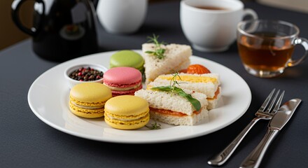 Delightful Afternoon Tea: A delectable spread of colorful macarons and delicate finger sandwiches awaits, perfectly complemented by steaming cups of tea.