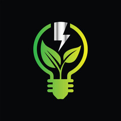 Green eco energy symbol with leaf and electric plug ,  bulb. Vector illustration. Creative eco energy logo design template. Green eco power plug with leaf. Vector illustration on black background.