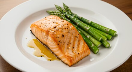 Indulge in the exquisite flavors of perfectly pan-seared salmon, glistening with a rich sauce, elegantly paired with tender, vibrant asparagus spears.