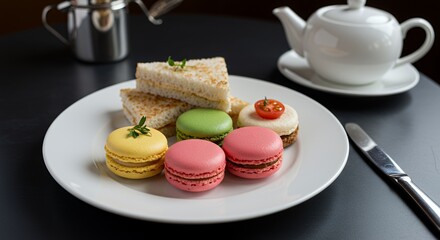 Indulge in an elegant afternoon tea: delicate macarons, dainty sandwiches, and a pristine teapot create a scene of refined tranquility.