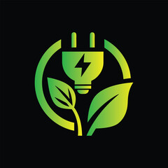 Green eco energy symbol with leaf and electric plug ,  bulb. Vector illustration. Creative eco energy logo design template. Green eco power plug with leaf. Vector illustration on black background.