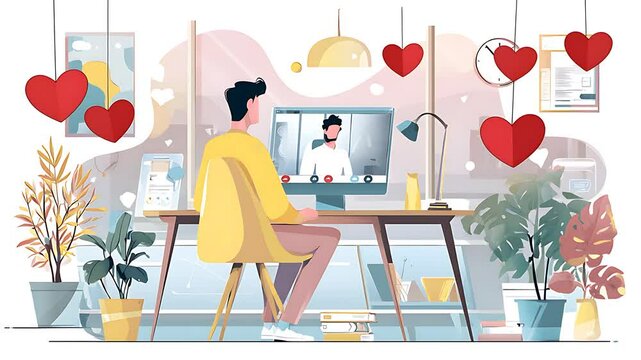 Virtual Date: Man on Video Call with Romantic Decorations