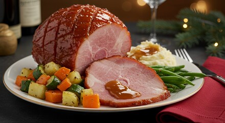 Savor the Festive Feast: A Glazed Ham Centerpiece with Roasted Vegetables, Mashed Potatoes, and Green Beans, Perfect for a Holiday Celebration.