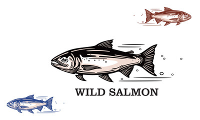 great salmon fish, company logo silhouette of wild fish swimming in river vector illustrations