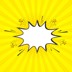 Pop art speech bubble burst on yellow rays background
