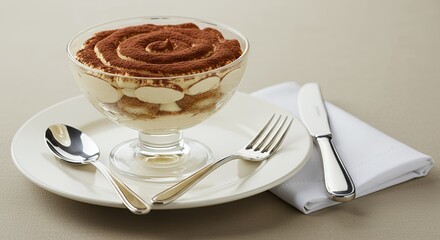 Indulge in the creamy decadence of this perfectly crafted tiramisu, artfully presented in a glass bowl, ready to tantalize your taste buds with its rich coffee and cocoa flavors.
