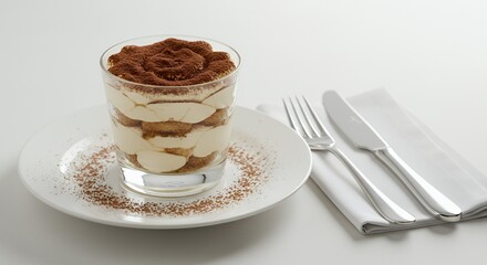 Indulge in the creamy, decadent layers of this classic tiramisu, elegantly presented in a glass, ready to tantalize your taste buds with its rich coffee and cocoa flavors.