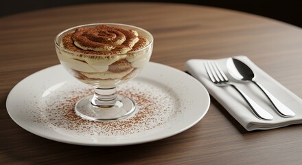 Indulge in the Decadent Delight of a Perfectly Crafted Tiramisu, Served in a Chic Glass Dessert Dish on a Polished Wooden Table.