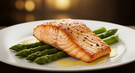 Indulge in this exquisite pan-seared salmon fillet, perfectly complemented by vibrant asparagus spears and a drizzle of rich, golden sauce, a culinary masterpiece ready to savor.