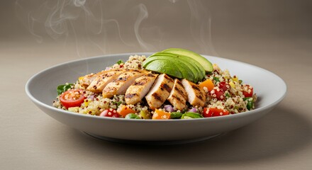 Warm Quinoa Chicken Salad with Avocado and Steaming Freshness, a Healthy and Vibrant Meal