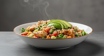 Steaming Hot Quinoa Chicken Salad Bowl with Avocado, a vibrant and healthy meal perfect for a light lunch or dinner.